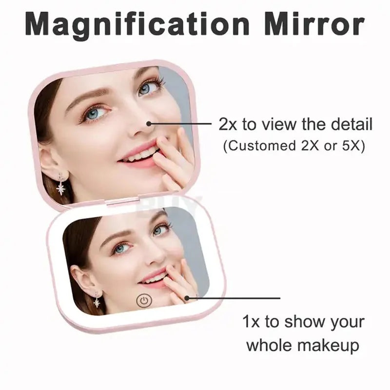 Compact LED Folding Makeup Mirror — Portable, Pocket-Size with 2× Magnifier