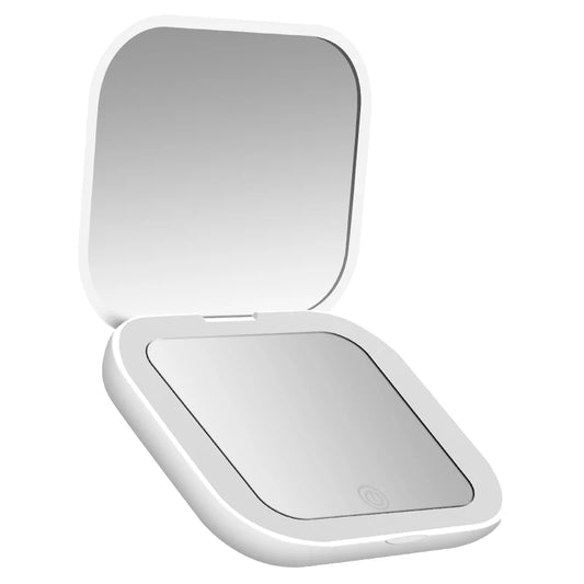 Compact LED Folding Makeup Mirror — Portable, Pocket-Size with 2× Magnifier